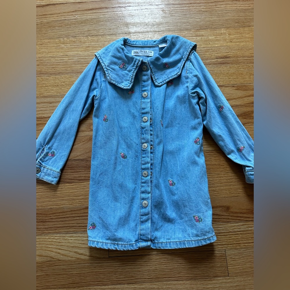 Zara Kids Denim Dress with Floral Embroidery